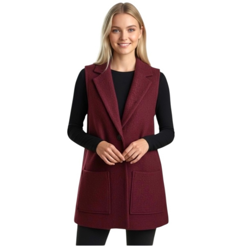 TAHARI Womens Wool Blend Burgundy Sleeveless Single Button Long Gilet Vest Small